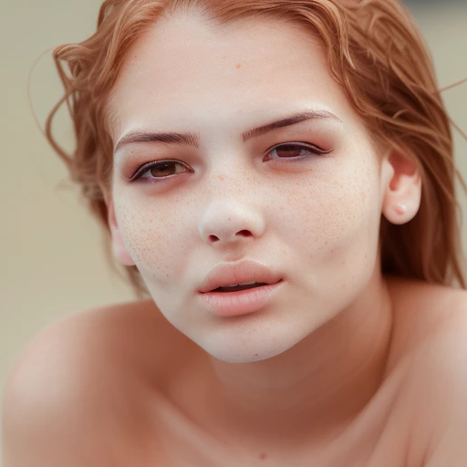 raw, a photo of a seductive teenager with loose styled, (redhead hair:1.2), bored, she is wearing a white tshirt, mascara, close up of face, (textured skin, skin pores:1.1), (moles:0.8), imperfect skin, goosebumps, flawless face, (light freckles:0.5), (sun-kissed:1.1), ((photorealistic):1.1), (((NUDE)))