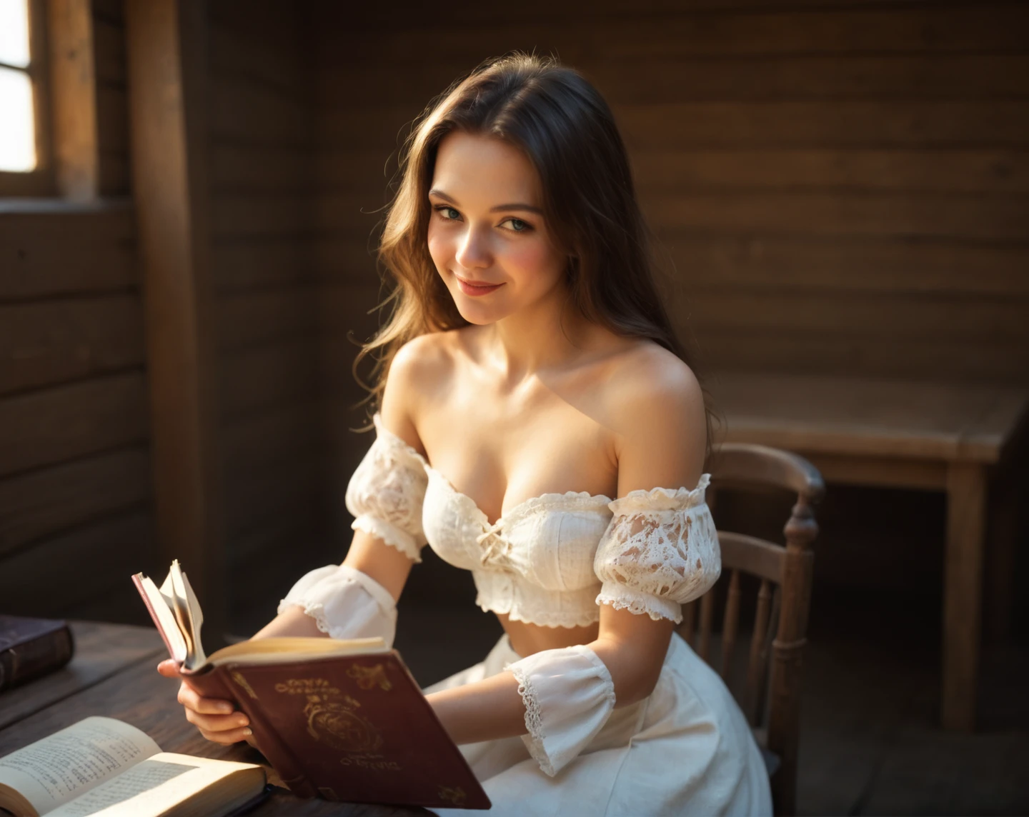 <lora:CinEro_Ports_Pony_E32:0.67> <lora:Meostigmat_f1.7_100mm:0.4>
score_9, score_8_up, score_7_up, rating_safe, girl, (beautiful face, cute face, 18 years old), brunette, long straight hair, medieval dress, off shoulder, midriff, (tiny waist, flat stomach, narrow hips):1.4, inside cozy medieval cabin, soft lighting, smiling, blush, looking at viewer
zPDXL2
BREAK The woman is seated on a wooden chair with her legs crossed, leaning slightly forward. She holds a book open in her hands, her fingers resting on the pages, suggesting she is deeply engrossed in reading. Her right hand is on the bottom right page, while her left hand is holding the book open. The woman's hair is blonde, cascading down her back and shoulders, with a slight wave to it. The hair is parted in the middle, and it flows down past her shoulders. Her skin is fair, with light pigmentation and a smooth texture. The subject's facial features are not distinctly visible due to the angle and lighting of the photograph.
The woman's attire consists of a dark-colored top with a white lace overlay on the sleeves. The lace detailing is intricate, with patterns that add texture and depth to the image. The neckline of the top is a V-neck, and the lace extends down the front of the garment, creating a contrast with the dark fabric.
The environment is dimly lit, with the primary light source coming from the left side of the image, casting a warm glow on the subject and the desk. The background is blurred, with muted colors that suggest a room with draped fabric or curtains
BREAK shallow dof, strong swirly bokeh, light leaks, sun flares, Kodak Portra 400 analog film with strong grain, cinematic color grading, color faded out, Sweeping cinematic lens flares, ultra crisp details, (f_stop 2.8), (focal_length 85mm f/2.8), flawlessly photographed, analog photo, masterpiece, high quality, physics simulation, (cgsociety, artstation, 8k:0.6)