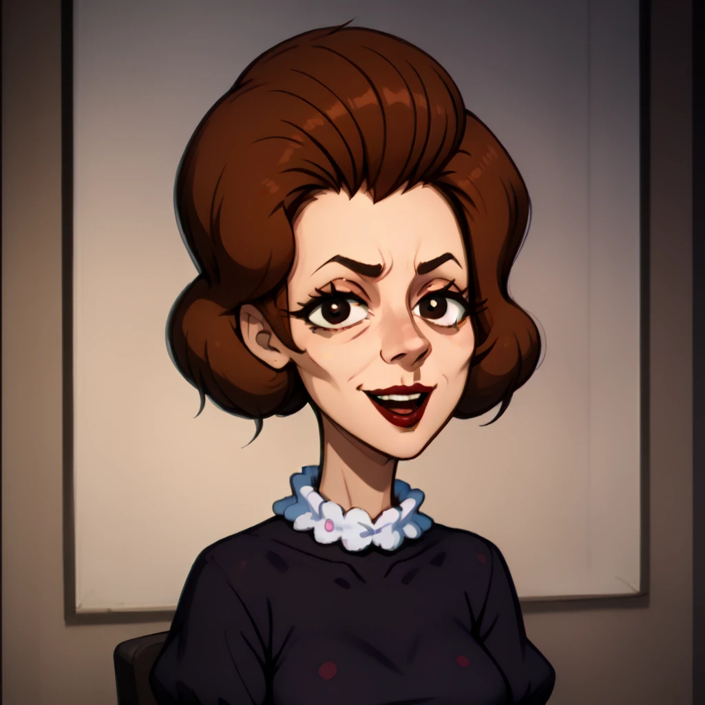 <lora:Network_Censor_Woman_-_Freakaziod_-_1995-10:0.9> 1girl, mature, brown hair, purple dress with maroon polka dots, white collar, white cuffs, wrinkled face, lipstick, lazy eye, smug, open mouth, teeth, looking at viewer,, source_cartoon, score_9, score_8_up, score_7_up,