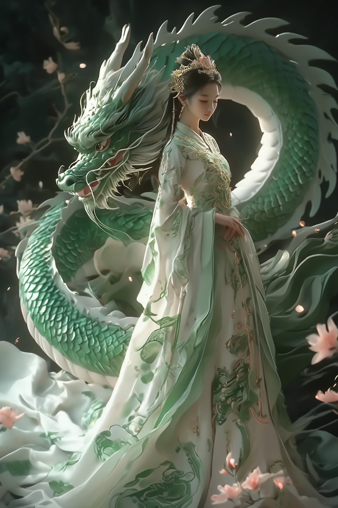 A serene scene where a woman, adorned in a traditional green and white dress, stands gracefully beside a majestic green dragon. The woman wears an ornate headpiece and holds a delicate object in her hand. The dragon, with its intricate scales and fierce yet calm expression, wraps around her, creating a protective and harmonious bond between them. The backdrop is dark, with subtle lighting highlighting the dragon and the woman, and there are floating pink flowers adding to the ethereal atmosphere.,xxmixgirl<lora:EMS-411095-EMS:0.800000>