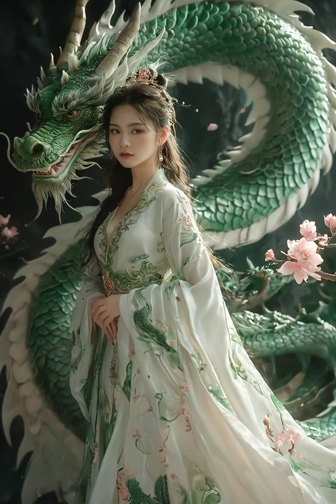 A serene scene where a woman, adorned in a traditional green and white dress, stands gracefully beside a majestic green dragon. The woman wears an ornate headpiece and holds a delicate object in her hand. The dragon, with its intricate scales and fierce yet calm expression, wraps around her, creating a protective and harmonious bond between them. The backdrop is dark, with subtle lighting highlighting the dragon and the woman, and there are floating pink flowers adding to the ethereal atmosphere.,xxmixgirl<lora:EMS-411095-EMS:0.800000>