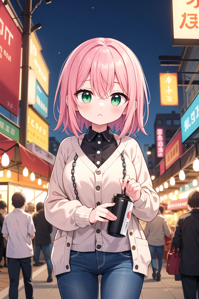 <lora:hotarumouth_type2_v100:1>
insanely detailed, absurdres, ultra-highres, ultra-detailed, best quality,
1girl, solo, nice hands, perfect hands
BREAK
(loose fit cardigan:1.2), straight jeans, chain bracelet
BREAK
(nsfw:-1.5)
BREAK
upset, closed mouth
BREAK
,
standing, cowboy shot, looking at viewer
BREAK
slender, kawaii, perfect symmetrical face, ultra cute girl, ultra cute face, ultra detailed eyes, ultra detailed hair, ultra cute, ultra beautiful
BREAK
Night market Capture the enchanting and lively beauty of a market illuminated by colorful lights and bustling with nightlife, depth of field, ultra detailed background
BREAK
large breasts
BREAK
(pink hair, dark green eyes:1.2), afro, hair between eyes