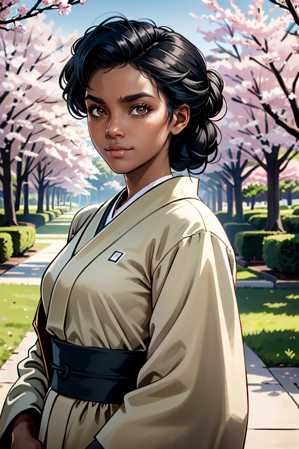 ((ultra detailed, masterpiece, absurdres))
 <lora:RDR2Tilly:0.8>
RDR2Tilly, 1girl, dark skin, black hair, looking at viewer,portrait, in a traditional kimono, surrounded by cherry blossoms