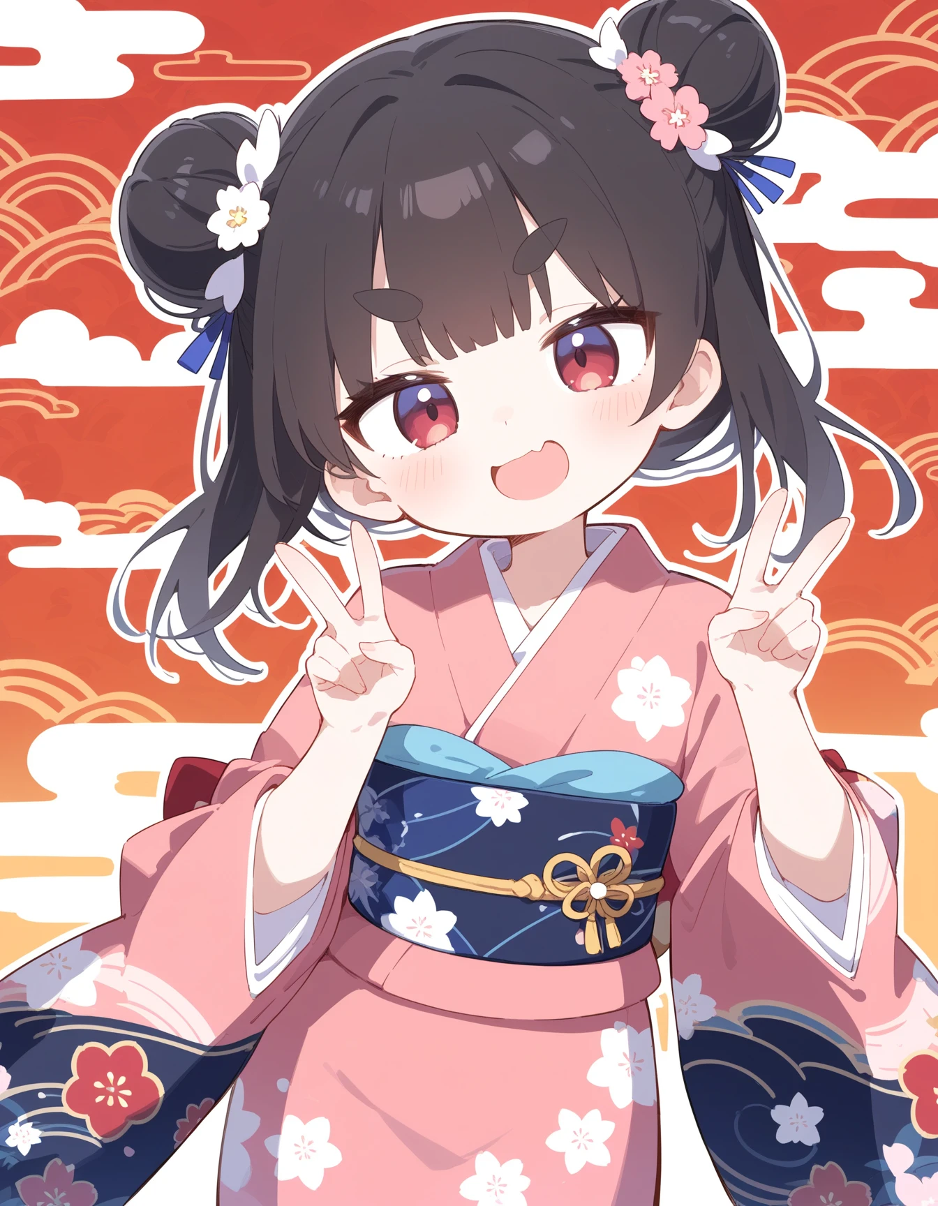 1girl, kimono, (bun:1.1), thick eyebrows, look at viewer, Japanese pattern background, dynamic angle, double v