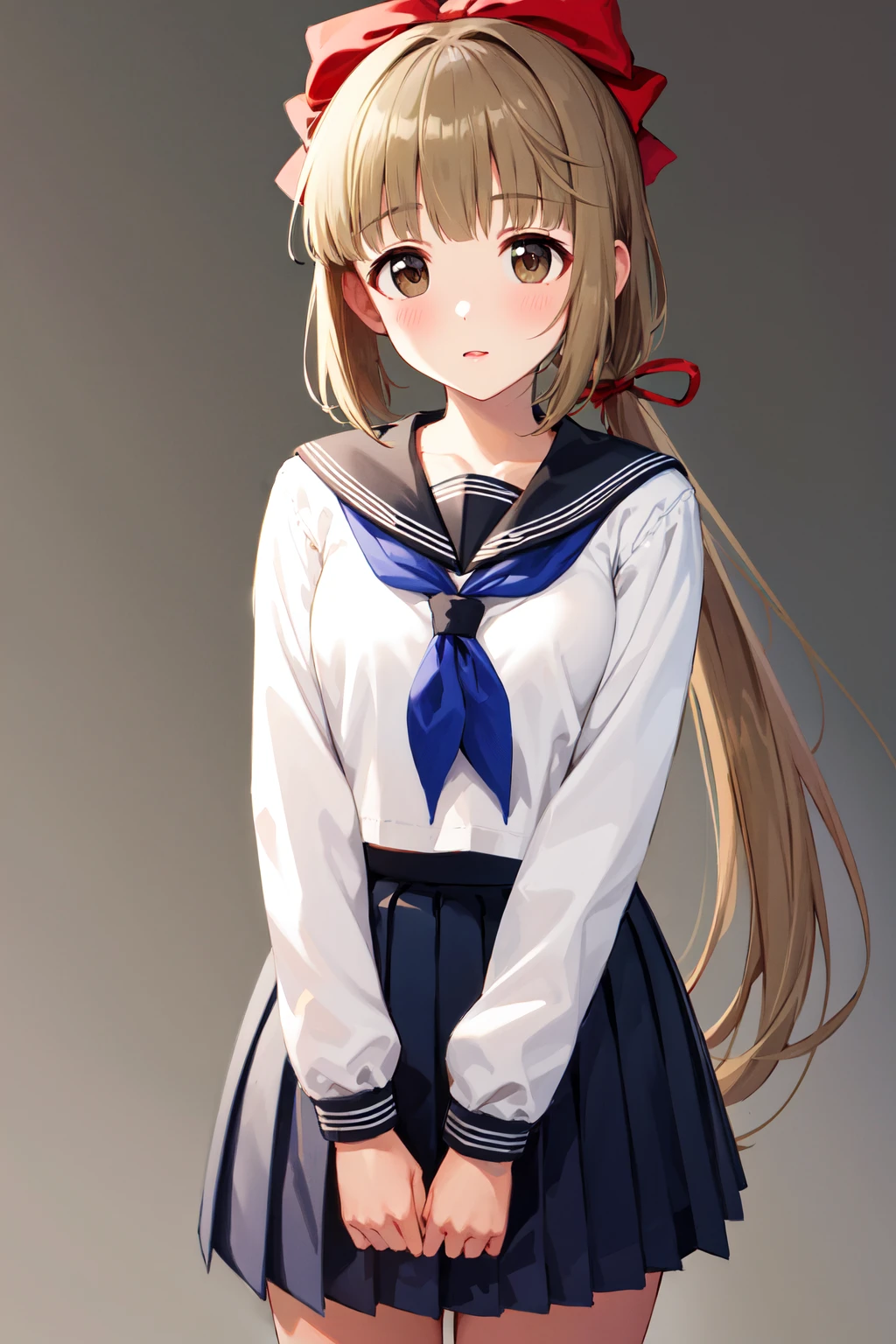 masterpiece, best quality, highres, ddyoshino, long hair, low ponytail, hair bow, red bow, serafuku, sailor collar, blue neckerchief, sailor shirt, white shirt, long sleeves, pleated skirt, blue skirt, <lora:yorita_yoshino_v1:0.7>, standing, cowboy shot, arms at sides,