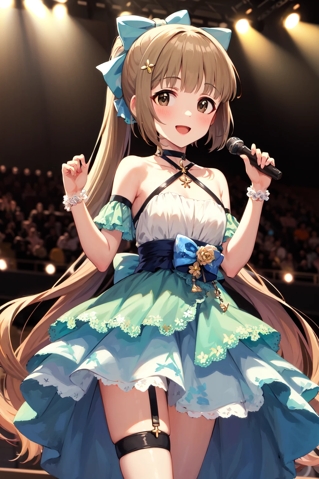 masterpiece, best quality, highres, bbyoshino, long hair, high ponytail, hair bow, hair ornament, collarbone, choker, halterneck, bare shoulders, layered dress, white dress, bracelet, thigh strap, <lora:yorita_yoshino_v1:0.7>, standing, cowboy shot, stage, smile, open mouth, holding microphone,