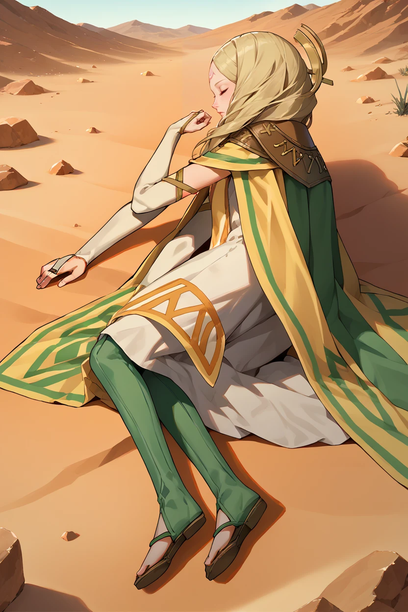 score_9, score_8_up, score_7_up, score_6_up, source_anime BREAK 1girl, solo, <lora:feemmeryn-pdxl-nvwls-v1-000006:1> emmeryn, blonde hair, forehead mark, hair ornament, cape, bridal gauntlets, long dress, tabard, green thighhighs, <lora:Ponyv6XLDoraYamchaPose_v10:1> yamchapose, lying, on side, closed eyes, desert, crater