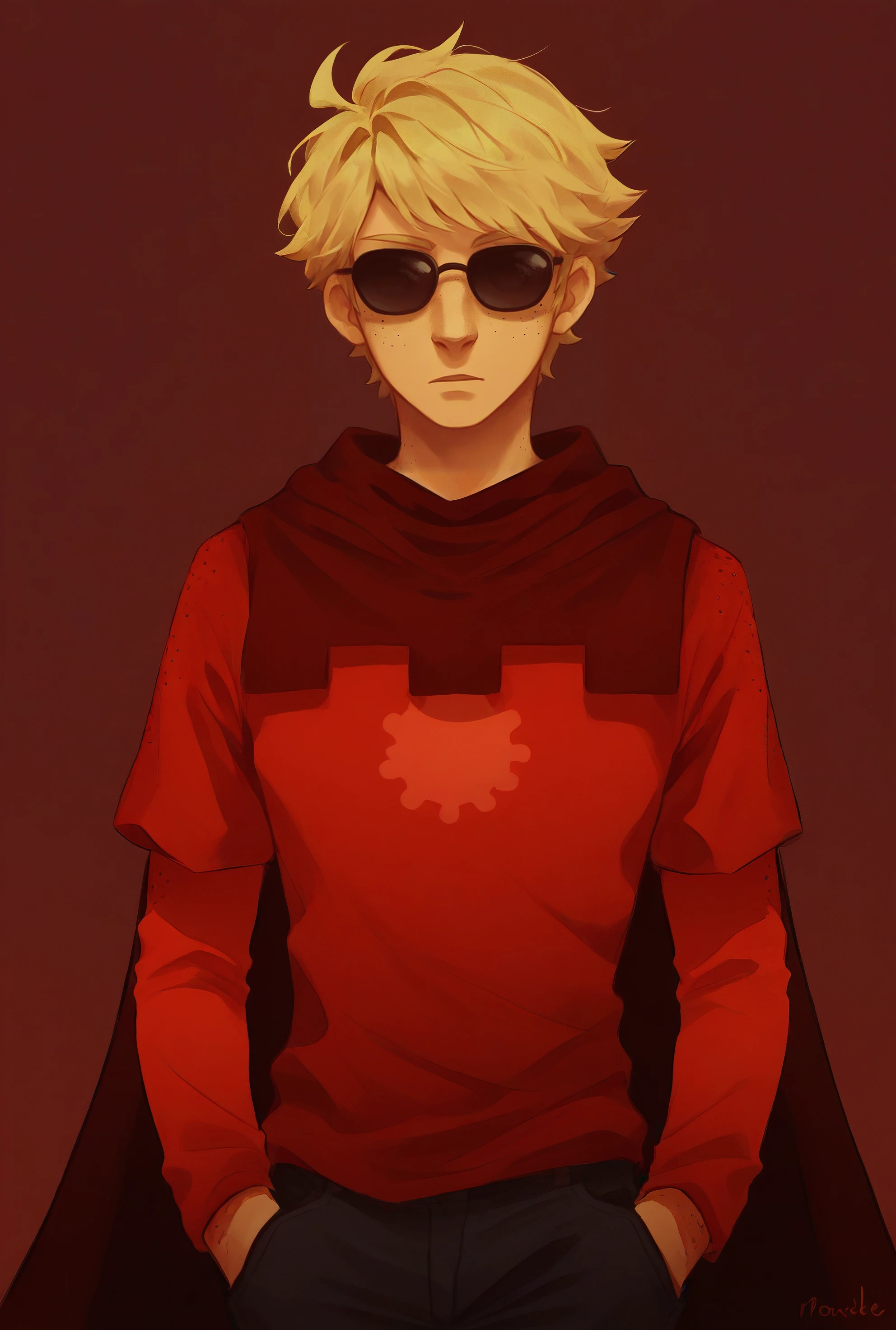 , score_9, score_8_up, score_7_up, masterpiece, , line art, portrait, anime,, detailed, <lora:Expressive_H:0.45> Expressiveh, ,   ,  <lora:Dave_Strider:0.8>, dave strider, blonde hair,  sunglasses,  freckles, male, 1boy,  godtier, cape, red shirt, pants, simple background,  dark red  background,