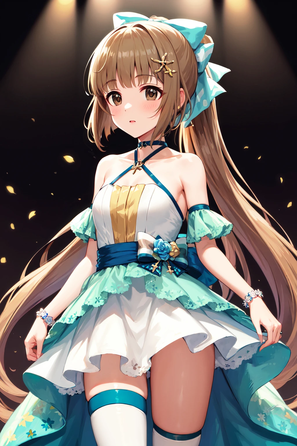 masterpiece, best quality, highres, bbyoshino, long hair, high ponytail, hair bow, hair ornament, collarbone, choker, halterneck, bare shoulders, layered dress, white dress, bracelet, thigh strap, <lora:yorita_yoshino_v1:0.7>, standing, cowboy shot, arms at sides,