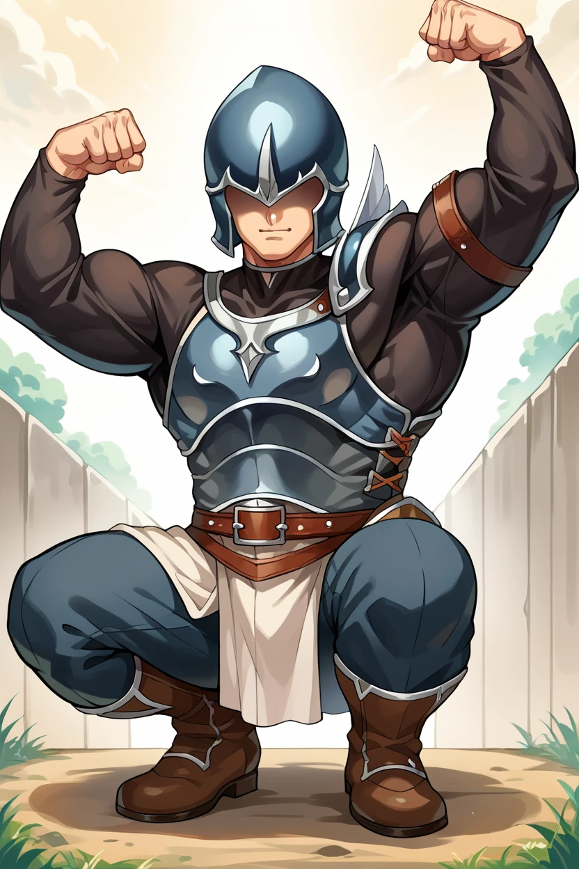 score_9, score_8_up, score_7_up, score_6_up, source_anime, 1boy, male focus, solo,  <lora:313archer-pdxl-nvwls-v1-000006:1> 313archer, helmet, armor, covered eyes, flexing, muscular, squatting