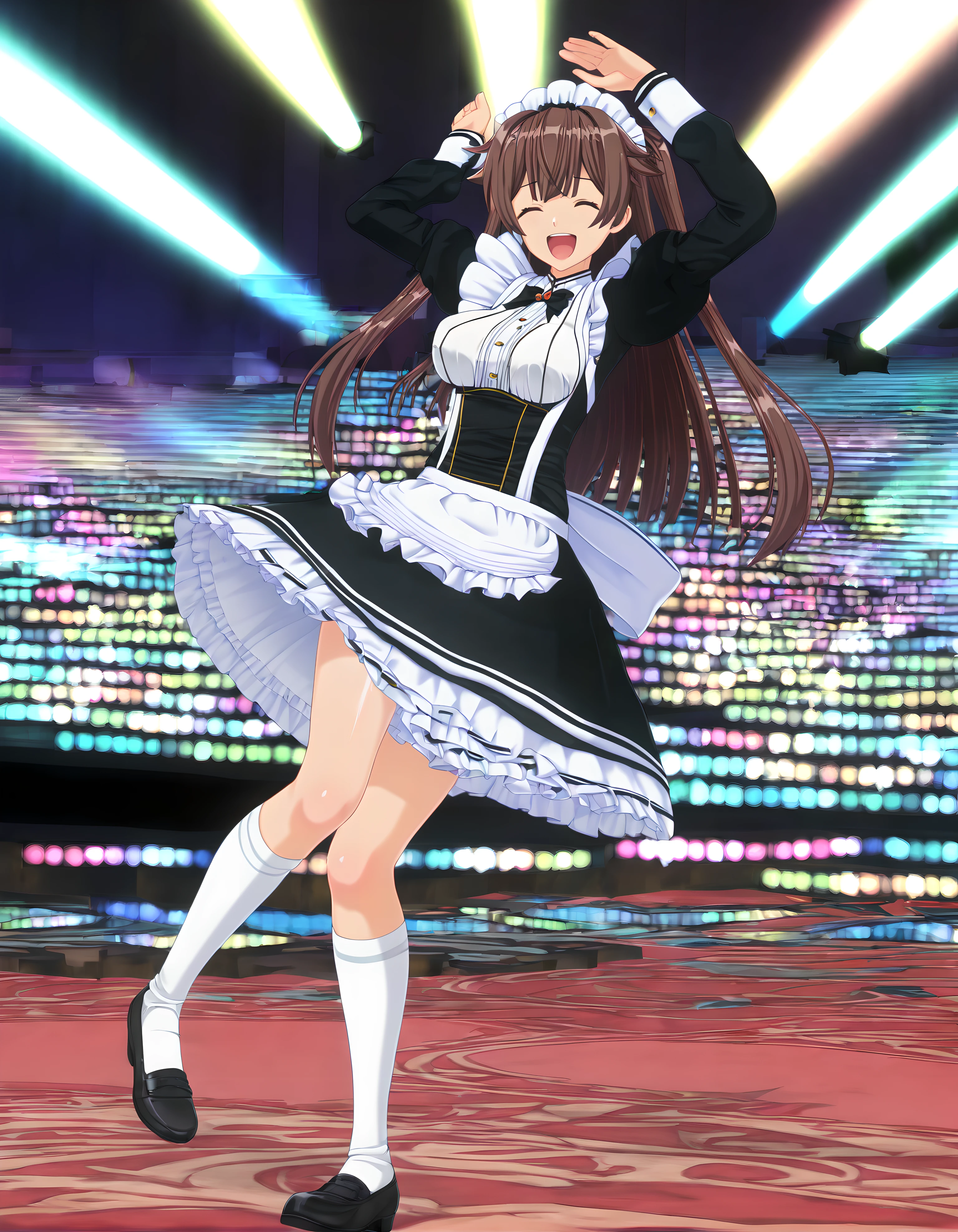 <lora:pony_xl_muku:0.8>,muku,score_9,source_anime,best quality,masterpiece,super fine illustration,1girl,jump,arm_up,bouncing breasts,laughing,front view,lens_flare,hair_flaps,stage,spotlight,arched_back,outstretched_arm,wind_lift,arms_up,maid,black dress,maid apron,puffy sleeves,long sleeves,frills,white socks,kneehighs,black footwear,