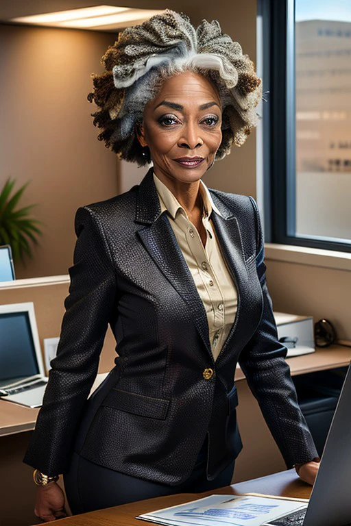 (masterpiece), best quality, expressive eyes,(masterpiece), best quality, expressive eyes, perfect face,64-year-old, Black American woman, standing naked at her desk in a telesales office in Arizona, amazing figure