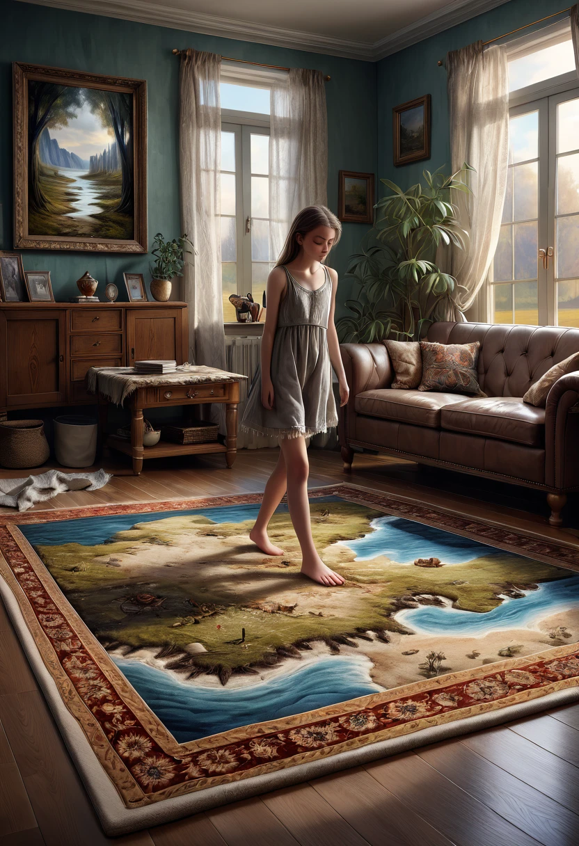 Rug, Living Room, Floor, The rug lies on the living room floor, its intricate pattern adding warmth and coziness to the room. Bare feet sink into its plush fibers as they walk across its surface, Oil Painting, realistic shading, detailed textures, fantasy landscapes, surreal scenes