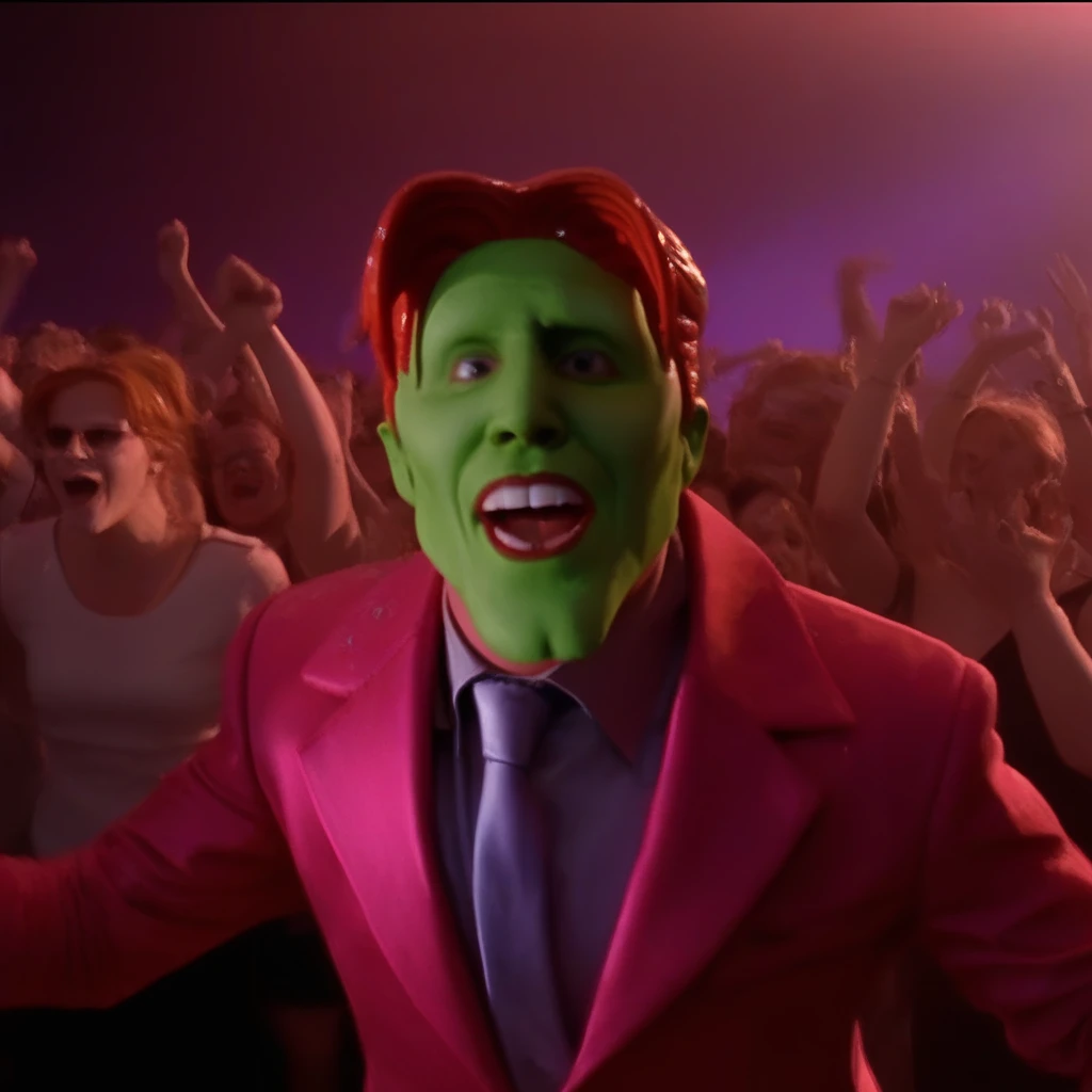 the_mask Man with a green head and red hair in a colorful suit singing in the crowd