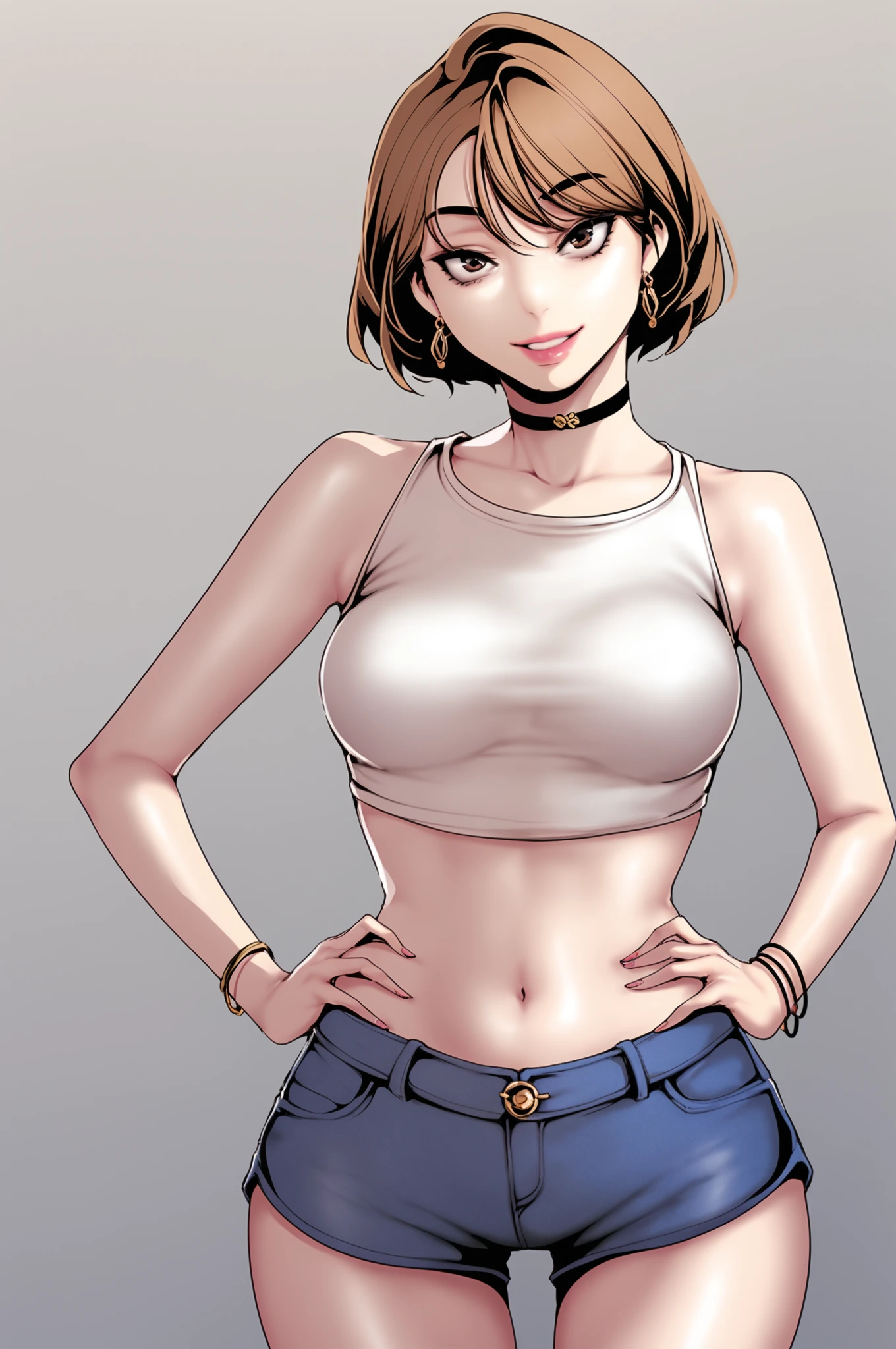 <lora:XL_NaSori_BNW:1> nasoridef, brown hair, brown eyes, short hair, grey background, simple background, 
solo, looking at viewer, smile, brown hair, shirt, navel, bare shoulders, jewelry, medium breasts, closed mouth, standing, white shirt, cowboy shot, earrings, shorts, sleeveless, choker, midriff, necklace, stomach, bracelet, lips, crop top, short shorts, sleeveless shirt, makeup, thigh gap, denim, blue shorts, denim shorts, hands on hips, pink lips, score_9,score_8_up,score_7_up, source_anime,  detailed face