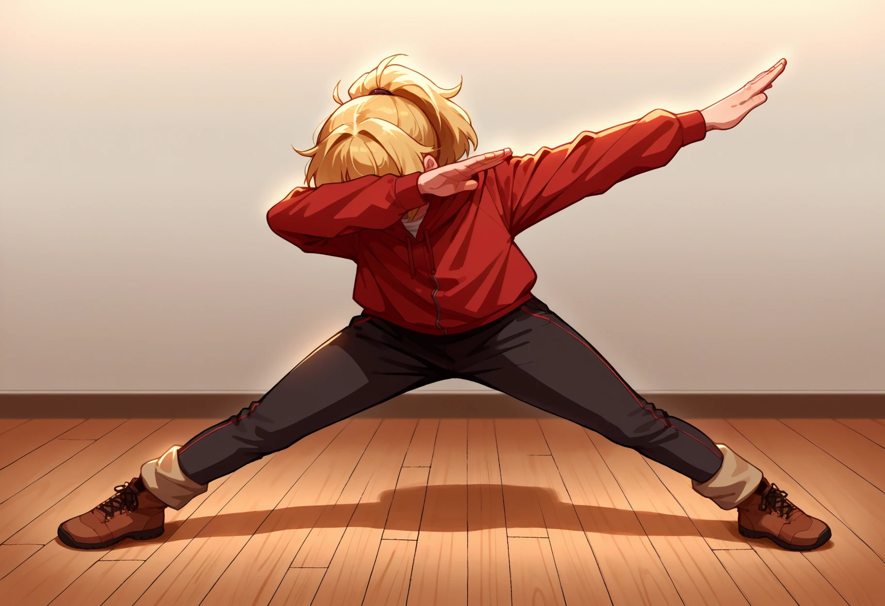 score_9, score_8_up,score_7_up, source_anime,
1girl, solo,
<lora:EPdab:1>, epdabbing,
outstretched arm, split, on floor, covered face, closed eyes, 
blonde hair, pants, red jacket, boots, full body, stretching, brown footwear, hood, ponytail, long sleeves,