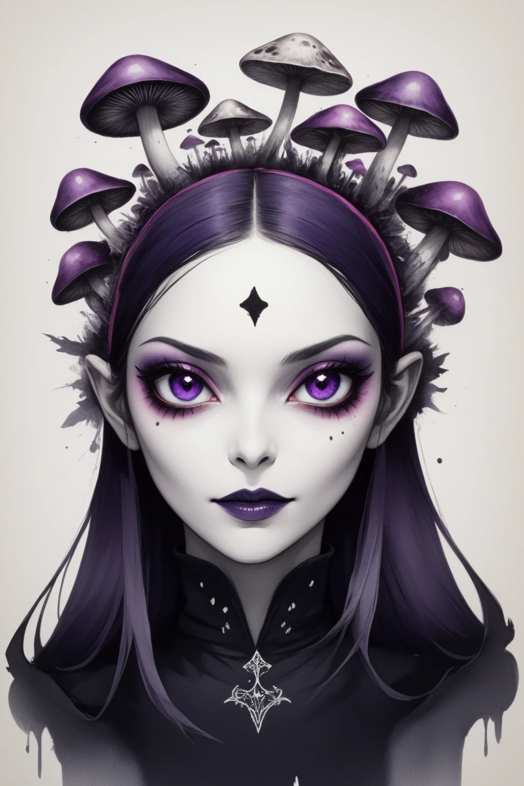 girl, pretty mushroom, funny, portrait, looking left, sharp, background dark vampire style, amazing depth,high resolution, ink painting, black purple
<lora:Mushroom_Portrait_V1:1>