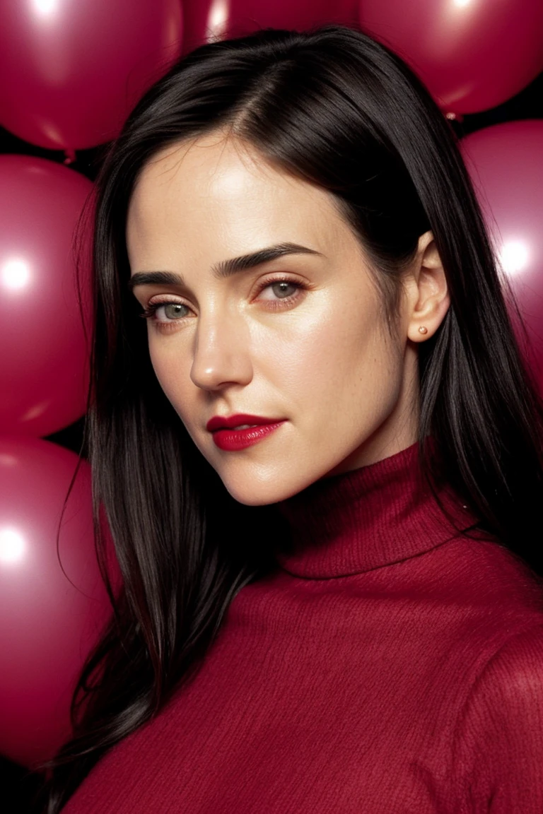 jennifercon, ((red lipstick, blush)), , photo of a woman, ,fashion portrait photo of a woman from the 60s wearing a red turtleneck standing in the middle of a ton of balloons, taken on a hasselblad medium format camera, ((detailed eyes, beautiful eyes, detailed face, beautiful face)),