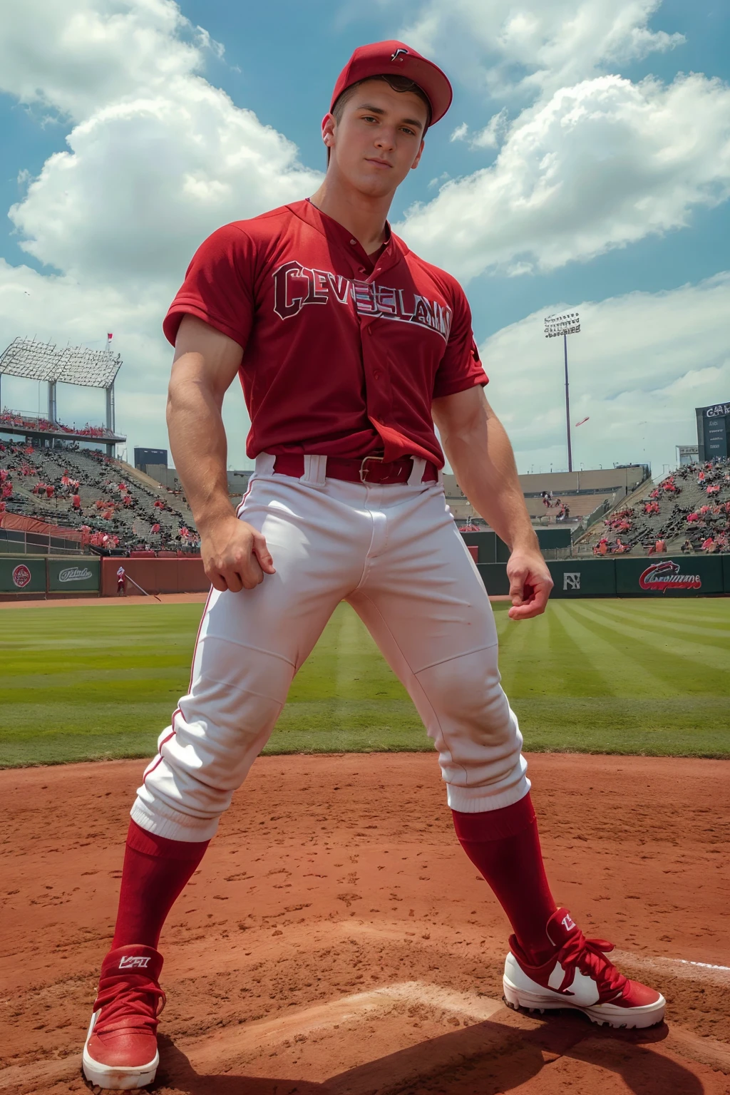 later afternoon sky, partly cloudy, baseball field, stadium lighting, ConnorKline is a baseballplayer, batter, wearing (Cleveland Guardians baseball uniform), (red jersey:1.3), (white pants:1.2), (red socks:1.3), (black sneakers), black baseball cap, (((full body portrait))), wide angle  <lora:Clothing - Sexy Baseball Player:0.65>   <lora:ConnorKline:0.8>