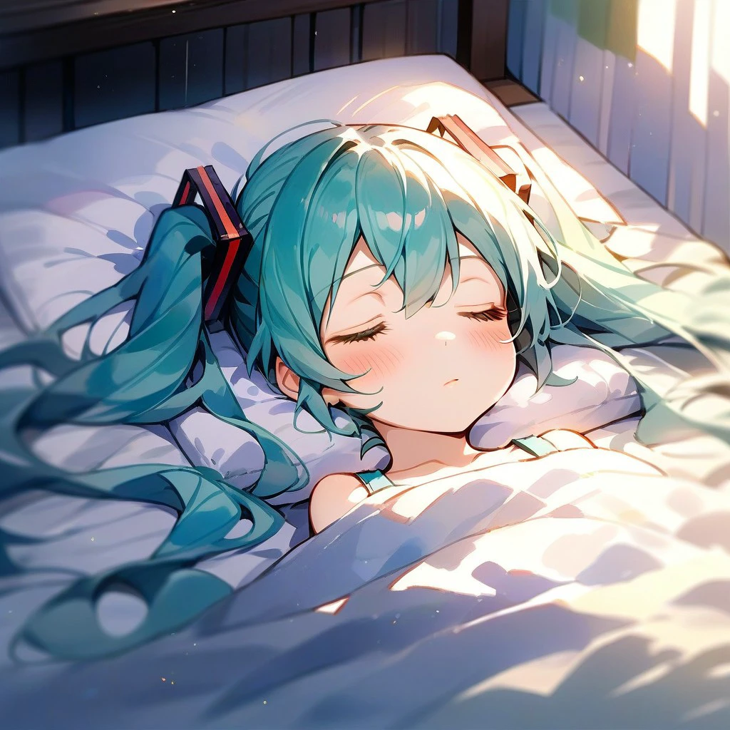 score_9,score_8_up,score_7_up,score_6_up,score_5_up,score_4_up, solo, 1girl, hatsune miku, twintails, aqua hair, closed eyes, sleeping, indoors, bed, on bed, lying, on back, blanket