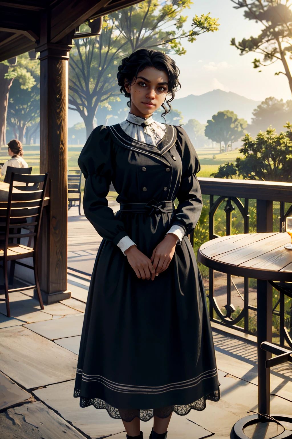 ((ultra detailed, masterpiece, absurdres))
 <lora:RDR2Tilly:0.8>
RDR2Tilly, 1girl, dark skin, black hair, looking at viewer,full body, cafe terrace, morning, peaceful and serene with soft morning sunlight