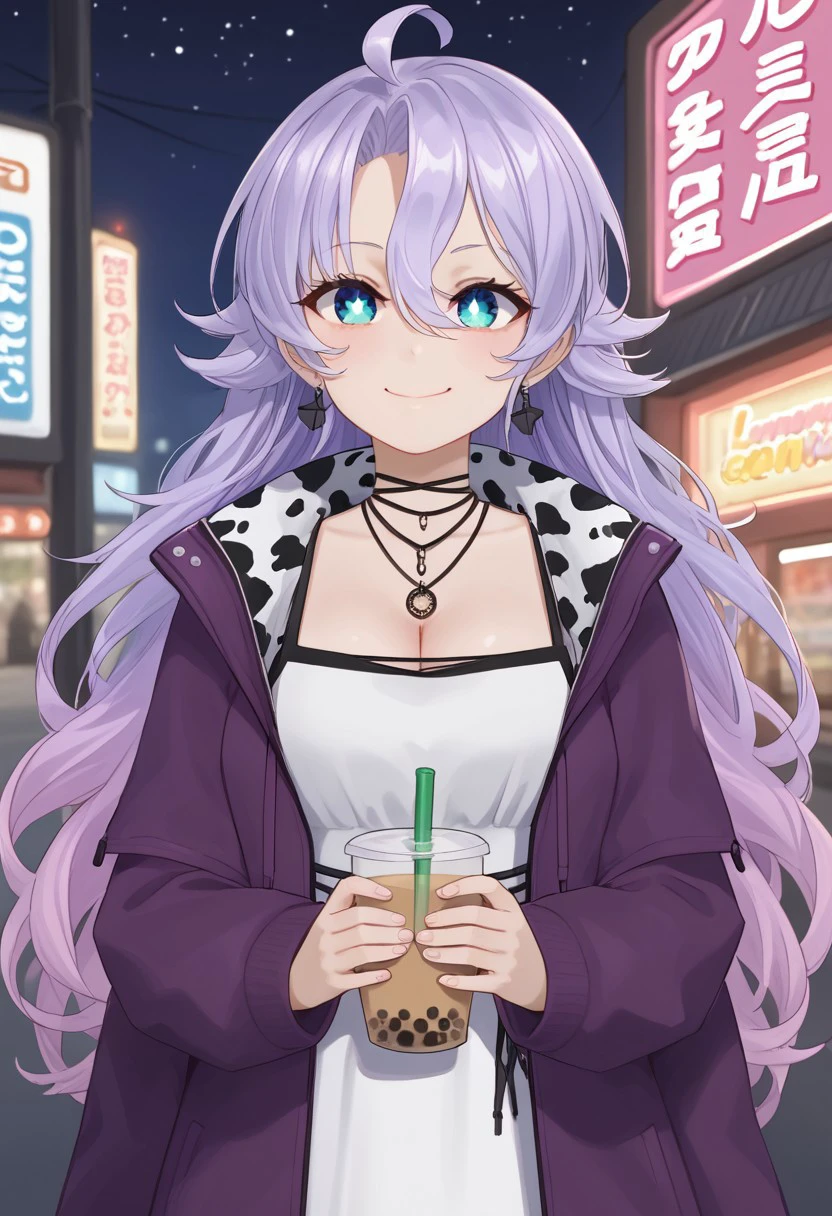 1girl, solo, highres, Shisui_Michiru, long hair, blue eyes, parted bangs, hair between eyes, light purple hair, multicolored hair, gradient hair, ahoge, purple jacket, long sleeves, cow print, cleavage, white dress,  jewelry, earrings, necklace, close-up, cowboy shot, bubble tea, drinking straw in mouth, ^_^, smile, closed mouth, city, street, vending machine, night sky, neon lights, lamppost, utility pole, holding cup