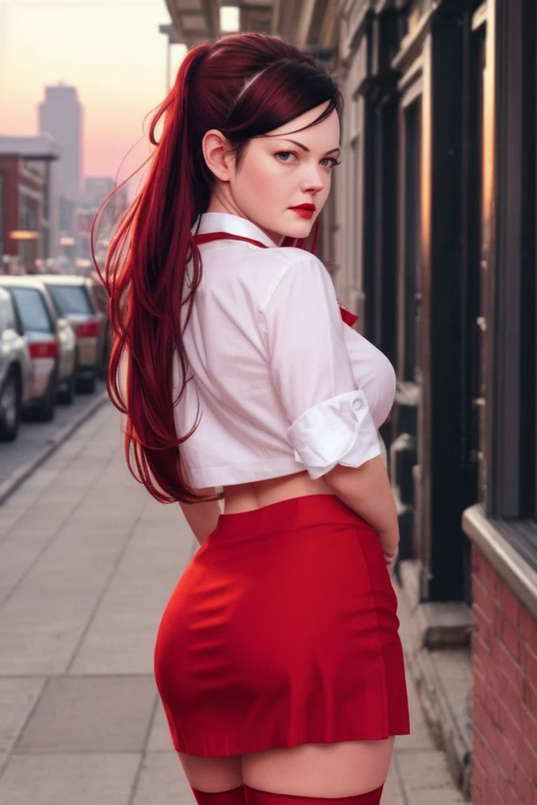 megwhite-208, ((red lipstick, blush)), , photo of a woman, ,beautiful picture, fully clothed, outside, ((bowtie, thighhighs, shirt, skirt)), city street, sunset, detailed, epic, closeup, ((detailed eyes, beautiful eyes, detailed face, beautiful face)),