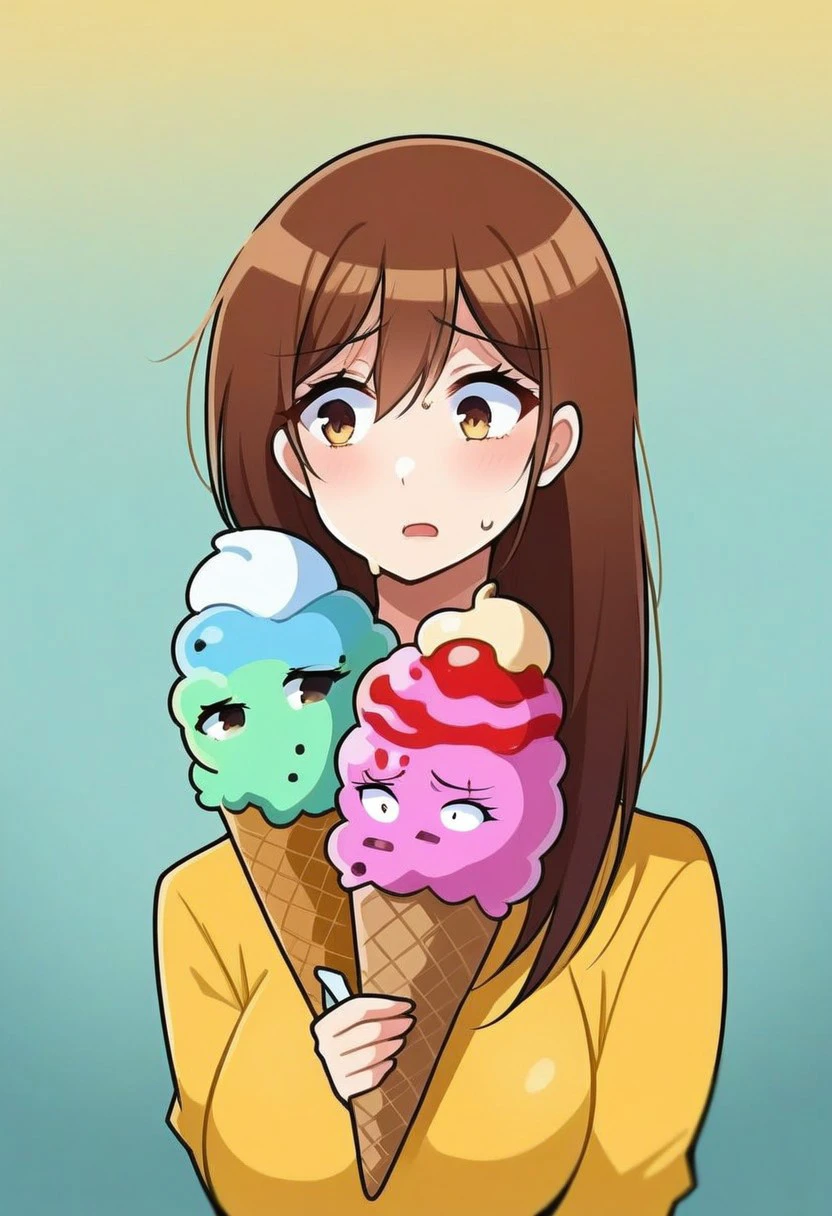 1 ice cream cone,  living ice cream cone, worried face