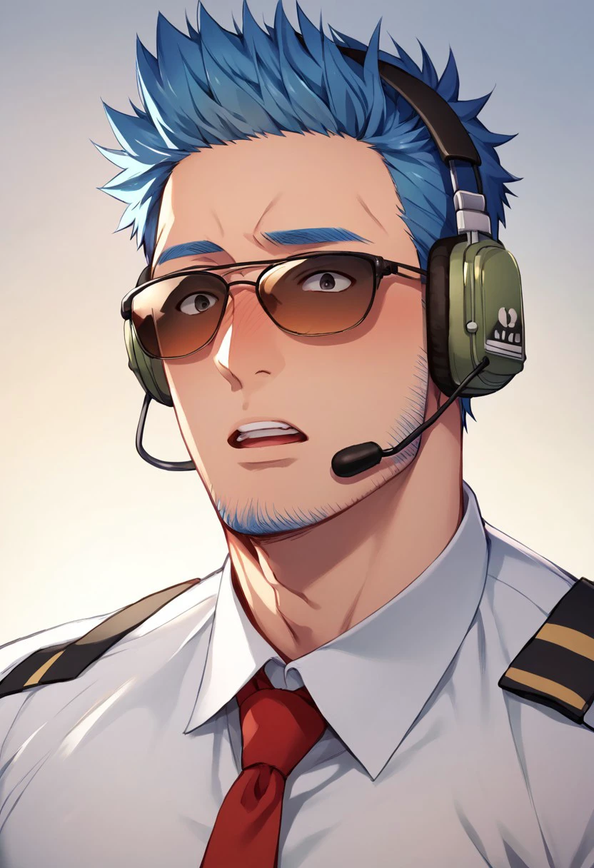 score_9, score_8_up, score_7_up, score_6_up, perfect anatomy, perfect proportions, best quality, masterpiece, high_resolution, high quality, solo male, Wilbur, blue hair, short hair, black eyes, blue facial hair, jawline stubble, aviation pilot shirt, white collared shirt, red necktie, aviator sunglasses, aviator headset, adult, mature, masculine, manly, handsome, charming, alluring, full face blush, surprised, wide-eyed, sanpaku, constricted pupils, open mouth, portrait, headshot, look at viewer