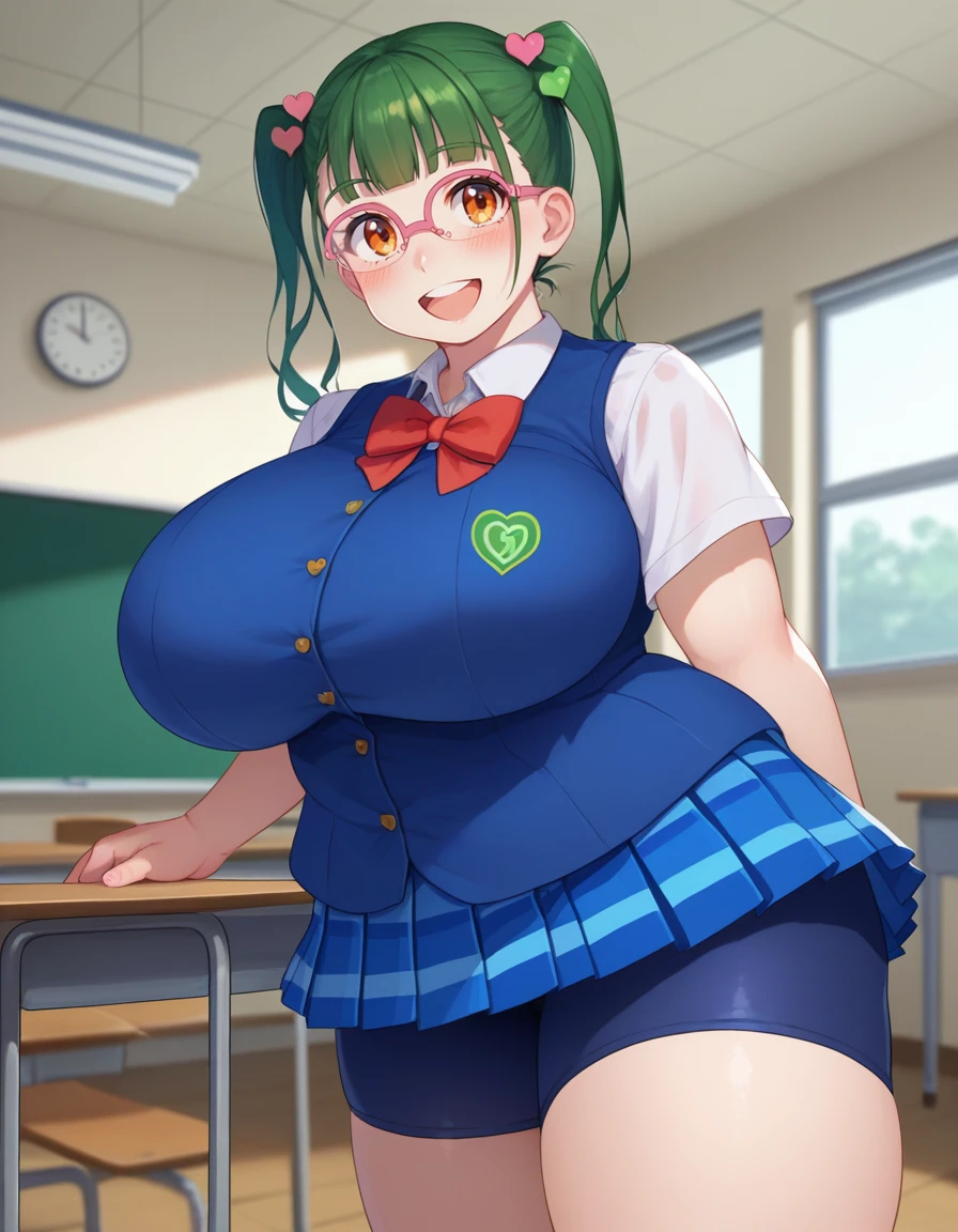 score_9, score_8_up, score_7_up, source_anime
nikugal, glasses, plump, twintails,green hair,heart hair ornament, , blunt bangs,orange eyes
,1girl,gigantic breasts, indoors,classroom,school unfirom,pleated skirt,blue plaid skirt,shorts under skirt, blue vest,bow,bike shorts, looking at viewer, happy,blush
  <lora:Nikuko_(galko) PonyXL-000009:1>