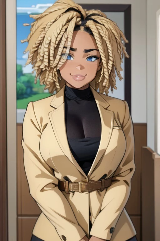 (masterpiece), best quality, expressive eyes,(masterpiece), best quality, expressive eyes, perfect face, 24-year-old, Black American light brown-skinned female with a thick but athletic figure, blonde natural hair with black roots, pouty smile