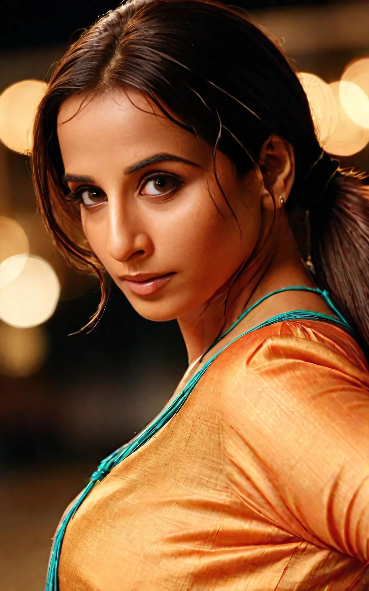 upper body photo of vidya balan woman, solo, tightly tied hair, , looking at the camera,  Apricot ethnic clothing, night time, contrasting background bokeh   <lora:Vidya_Balan_SDXL_LoRA_prodigy_local:1>