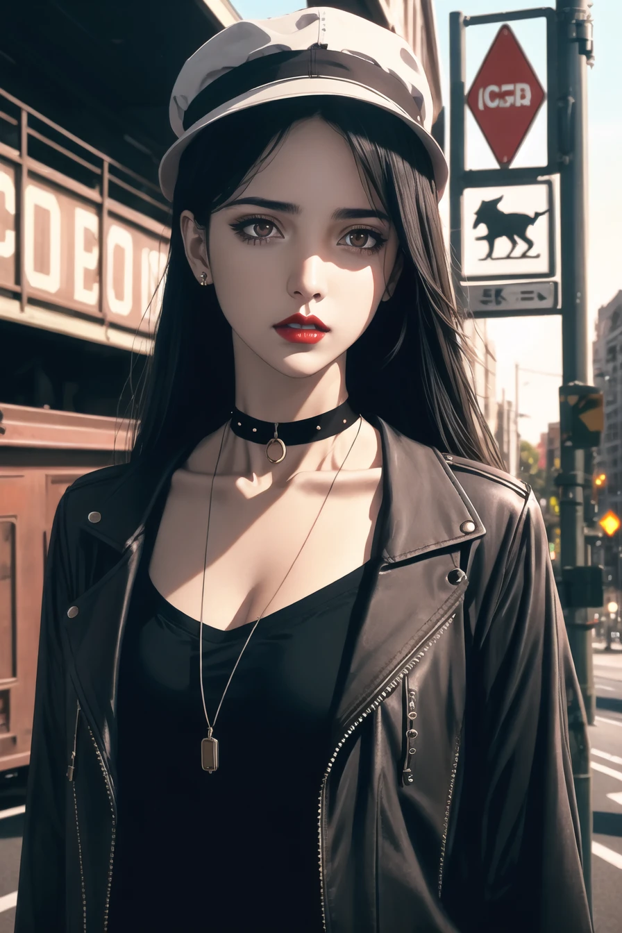 Best Quality,masterpieces,highres,absurdres,ultra-detailed,extremely detailed,official art,CG Unified 8K wallpaper,good lighting,illustrations,exquisite detail,exquisite rendering,
1girl,solo,long hair,hat,black hair,jewelry,choker,necklace,jacket,road sign,brown eyes,sign,blurry,outdoors,upper body,black choker,blurry background,parted lips,lips,collarbone,red lips,