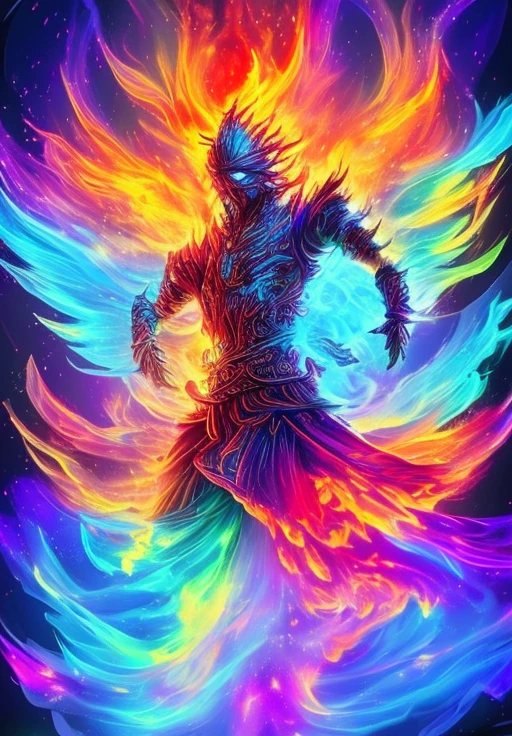 Dreamscape warrior, soldier,  <lora:colorflames2:1>, colorflames, colorful flames, colorful fire, on fire, blue fire, green fire . Surreal, ethereal, dreamy, mysterious, fantasy, highly detailed