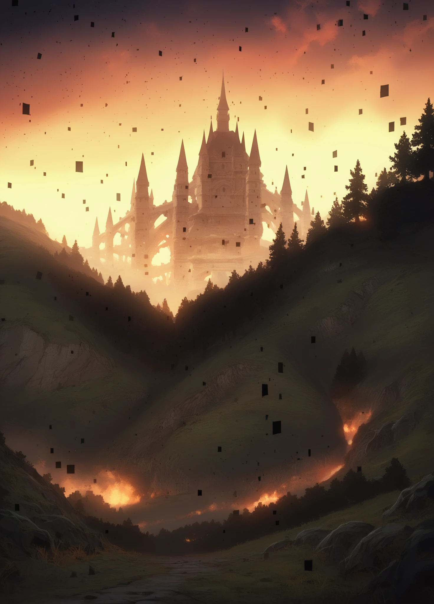 score_9, score_8_up, score_7_up, score_6_up, source_anime, (black_particles:1.3), twili_dimension,
sunset, dusk, darkness,
scenery, landscape, fantasy, forest, fire, castle, from below, 
<lora:tp_twili_particles_ponyxl_v1.2-000200:1>