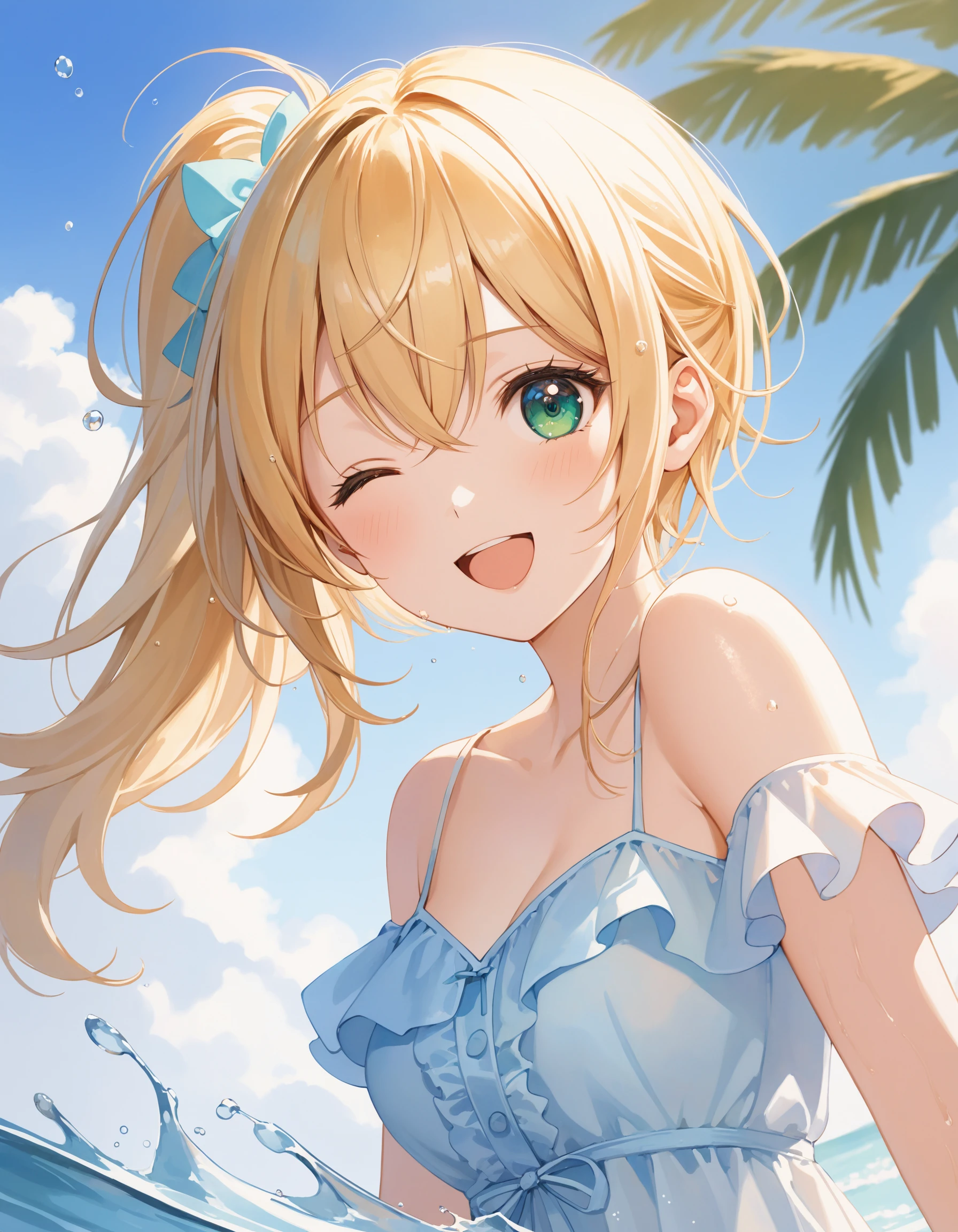 SceneDescription:
- Composition: Upper body shot. Cinematic angle.
- Subject: A cute girl.
- Characteristics:
- Face: (Cute round face:1.2).
- Eyes: Detailed green eyes. (One eye closed:1.25).
- Hair: Medium hair, (side ponytail:1.1), blonde hair, ahoge and hair between eyes.
- Body: Detailed slender body. Medium breasts.
- Clothing: White chiffon sundress and ruffled short sleeves.
- Elements: Wet overflow. Wet hair. Wet body. Wet dress.
- Expression: Amused expression. Open mouth.
- Posing: Dynamic pose. Looking at viewer. (Put in water:1.2).
- Background: Fashionable beach.
- Elements: Palm tree. Blue sky. Clear sky.
Time: Daytime.
Season: Summer.
Lighting: (Sunbeam:1.4).
ArtStyle: Watercolor. Traditional media.
Quality: Intricate details. Extremely detailed. Outstanding intricacies. (Masterpiece:1.2). (Best quality:1.2). (Absurdres absolutely resolution:1.4).
Mood: Serene atmosphere.