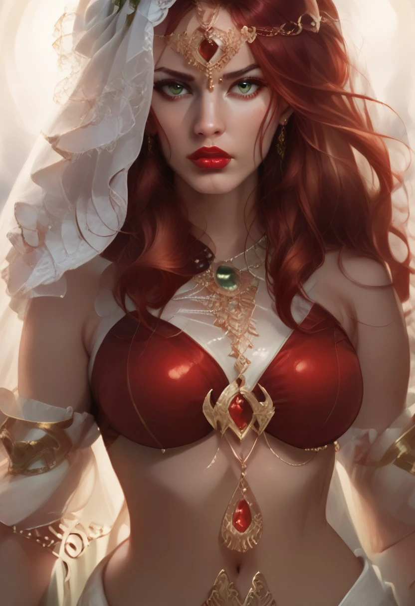 score_9, score_8_up, score_8_up,
sune,  sune \(baldurs gate\), sune \(goddess\),  1girl, solo, long hair, breasts, looking at viewer, navel, bare shoulders, jewelry, medium breasts, green eyes, upper body, red hair, earrings, detached sleeves, midriff, necklace, lips, makeup, lipstick, gem, veil, circlet, realistic, red lips