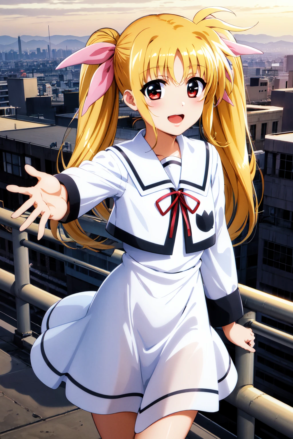 masterpiece, best quality, highres, aafate, long hair, twintails, hair ribbon, pink ribbon, small breasts, school uniform, white sailor collar, neck ribbon, collared shirt, white shirt, white dress, long sleeves, <lora:fate_testarossa_v1:0.7>, cowboy shot, rooftop, city, outstretched arms, smile, open mouth,