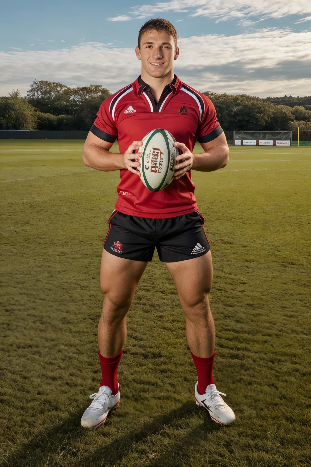 standing on a grass field, ConnorKline is a rugby player, slight smile, wearing (red rugby jersey:1.4), (black shorts), red long sock, black sneakers, (holding rugby ball), (((full body portrait))), wide angle  <lora:ConnorKline:0.8>