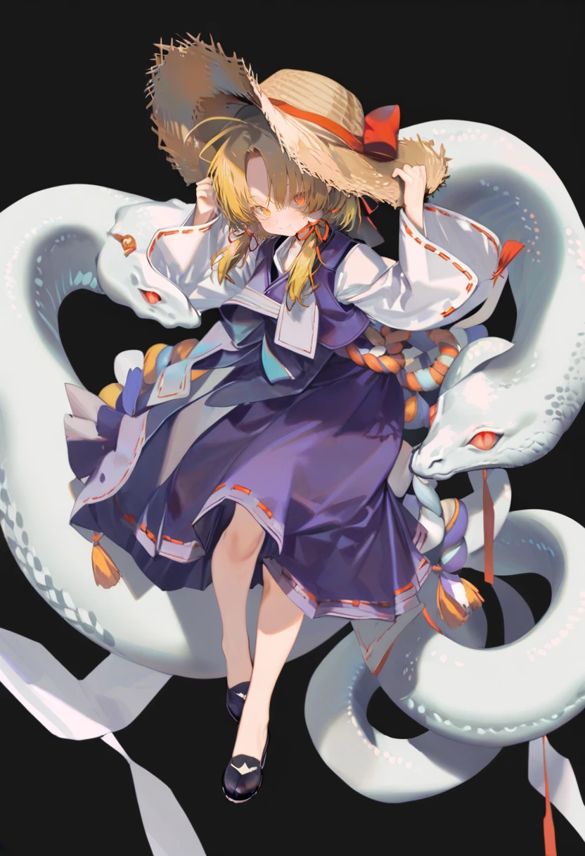 masterpiece, best quality, <lora:reiXL_ANI31_lokr_V4312:0.95> 1girl, mishaguji, moriya suwako, hat, snake, solo, blonde hair, white snake, long sleeves, ribbon, wide sleeves, red ribbon, full body, oversized animal, rope, shimenawa, animal, brown headwear, straw hat, skirt, vest, shoes, hair ribbon, yellow eyes, red eyes, purple skirt, white shirt, black footwear, shirt, dress, hand on headwear, purple vest, looking at viewer, closed mouth, ribbon trim, medium hair, smile, skirt set, black background