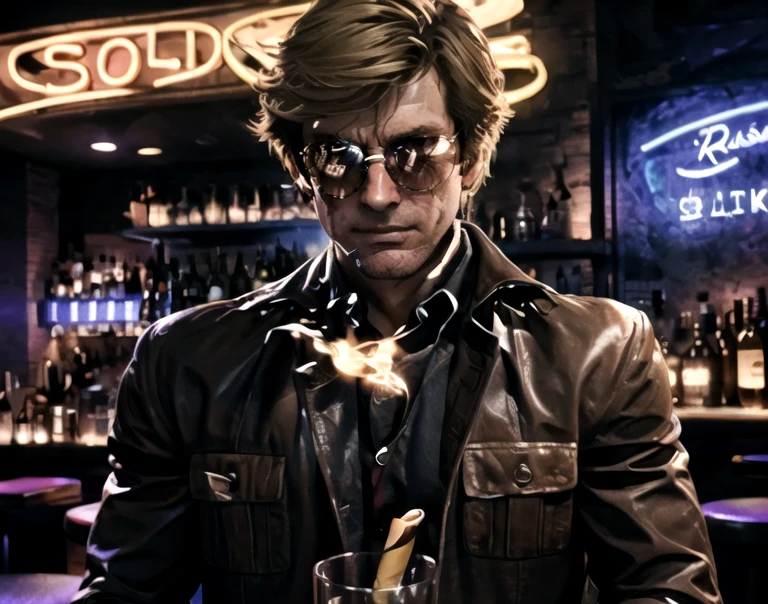 1boy, male focus, russell adler, blonde hair, (dark sunglasses),( glare on sunglasses), (scar), leather jacket, brown jacket, collared shirt, holding cigarette, holding drinking glass, purple neon lights, bar \(place\), bar table, dark light,
BREAK, best quality, highres, realistic,
<lora:Adler:1>