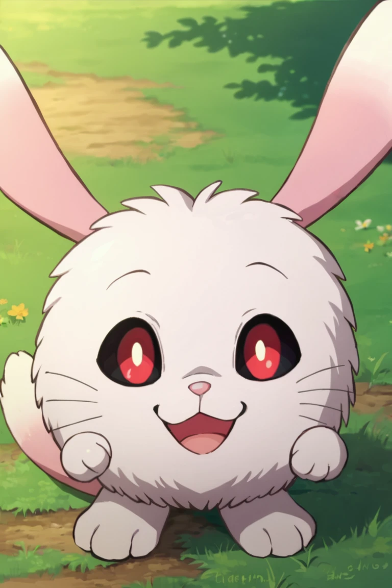 score_9,score_8_up,score_7_up,source_anime, looking at viewer, solo, 1animal,
rabbit, chammy,colored sclera,red eyes, smile, non-human, solo, close-up, open mouth, tail, outdoors<lora:EMS-385044-EMS:0.800000>