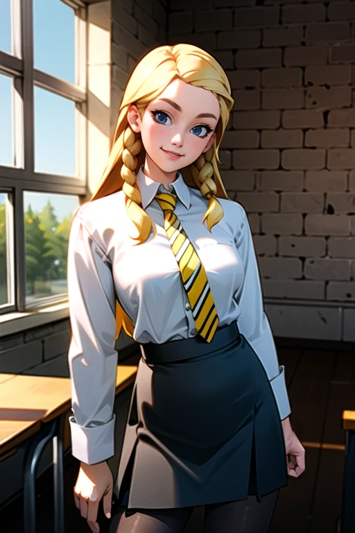 (detailed face), pennyhaywood, 1girl, solo, face, (cowboy shot:1.1), long hair, white shirt, collared shirt, sleeves rolled up, yellow necktie, black pantyhose, black mary janes, black skirt, striped necktie, medium breasts, looking at viewer, smile, indoors, classroom, brick wall, window, <lora:PennyHaywood_v2:0.68>