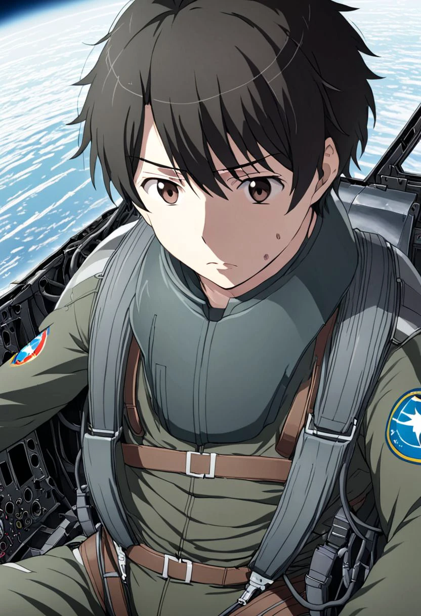 high resolution, solo, best quality, 1Boy, Inaho Kaizuka, Black hair, Brown Eyes, Pilot, Jet Fighter, Military, Military Uniform, military action, OverallDetail