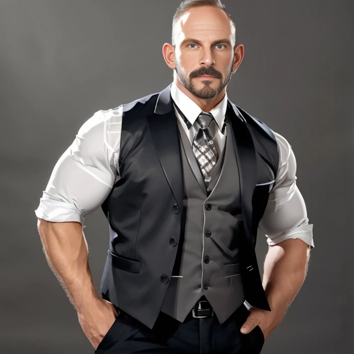 portrait, (straight-on:1.2), absurdres, <lora:SamuelColt:0.85>, samuelcolt, facial hair, (muscular male:1.1), grey background, vest