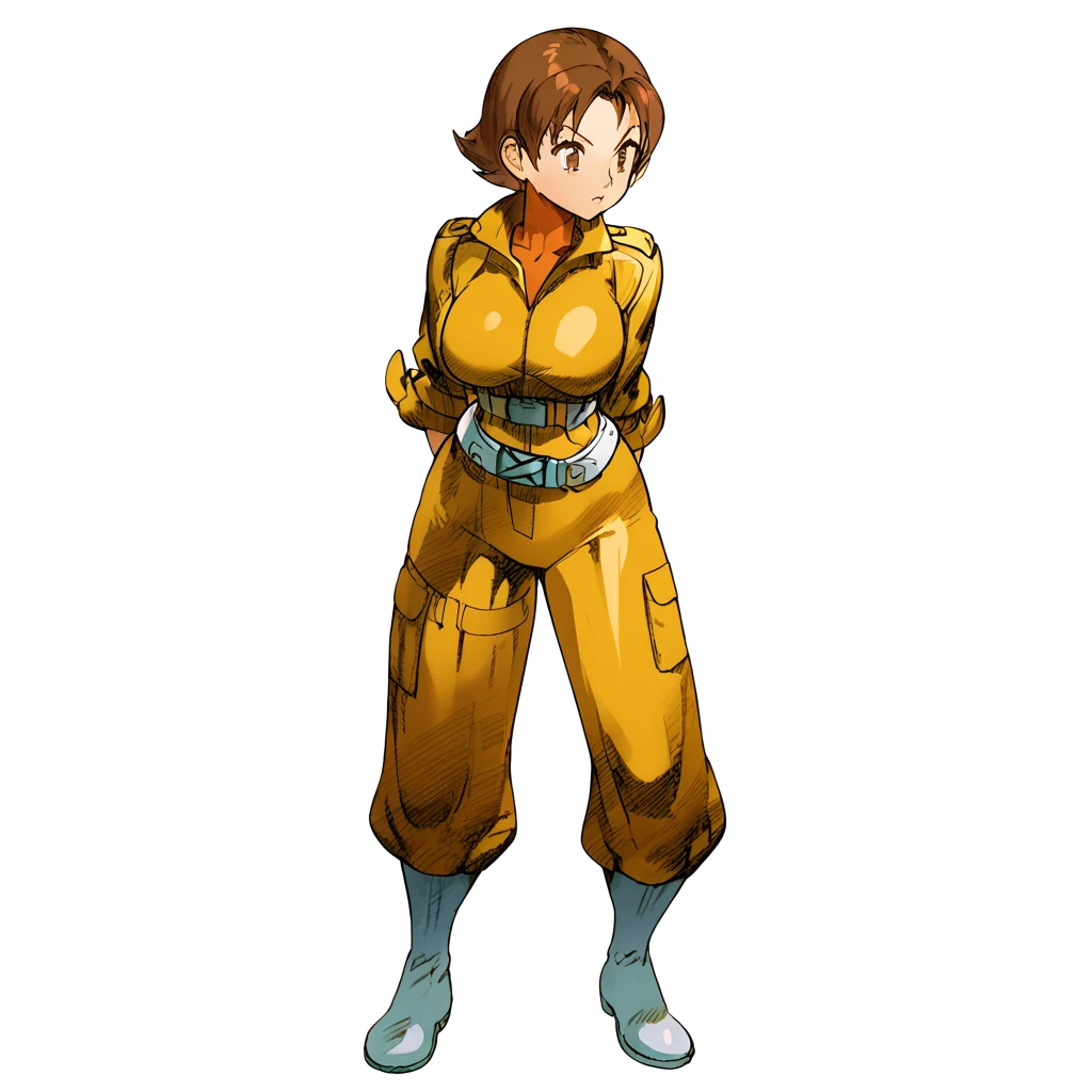 MVC2style, simple background, white background, full body,april oneil, short brown hair, big breasts, yellow jumpsuit, white belt, white boots, <lora:MVC2Style_SDXL-000005:1.0>