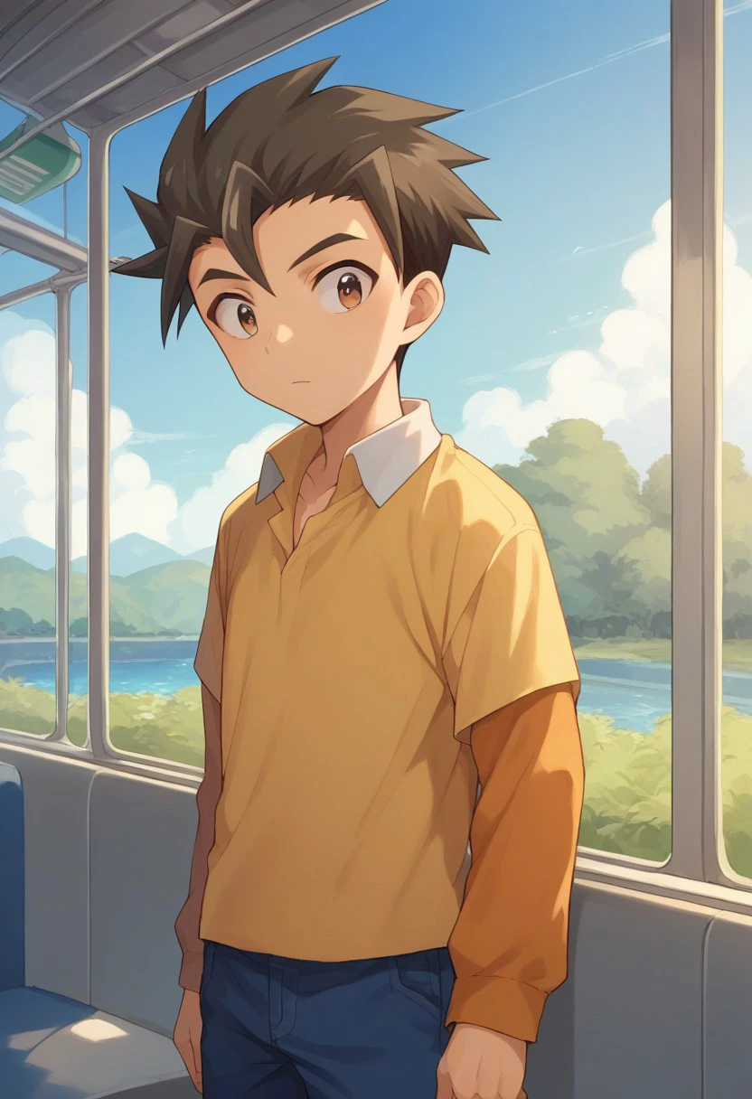 score_9, score_8_up, score_7_up, source_anime, highly detailed, 
tsuranuki, 1boy, male focus, solo, shirt, pants, blue pants, brown eyes, spiked hair, long sleeves, yellow shirt, orange sleeves, collared shirt, upper body,
outdoors, train, sky, shinkansen