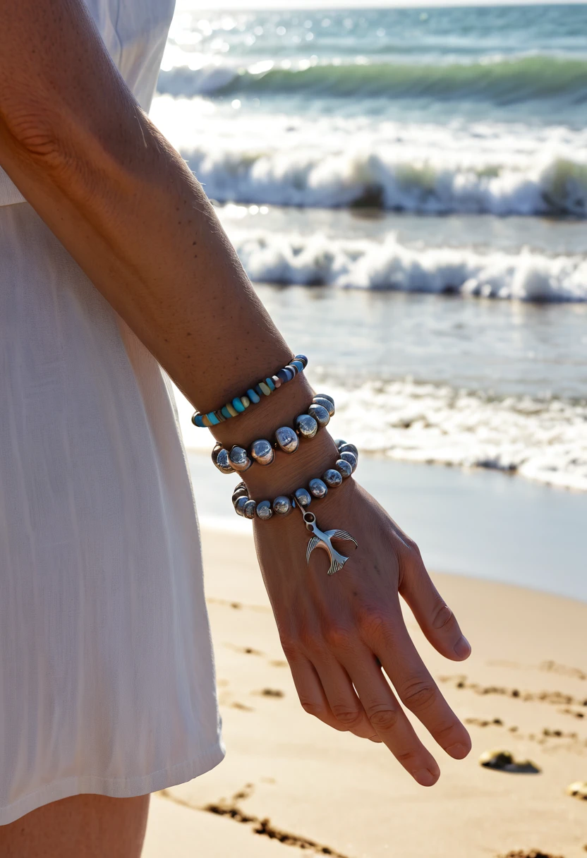 Bracelet, Beach, Wrist, The bracelet adorns the wrist of a beachgoer, its beads and charms glinting in the sunlight. Nearby, waves lap against the shore, and seagulls cry overhead, Listlessness, lethargy, apathy, indifference, Keep a blank expression, let the shoulders slump, and keep the eyes unfocused, Pen and Ink Drawing, single-line drawings, minimal shading, simple shapes, elegant feel