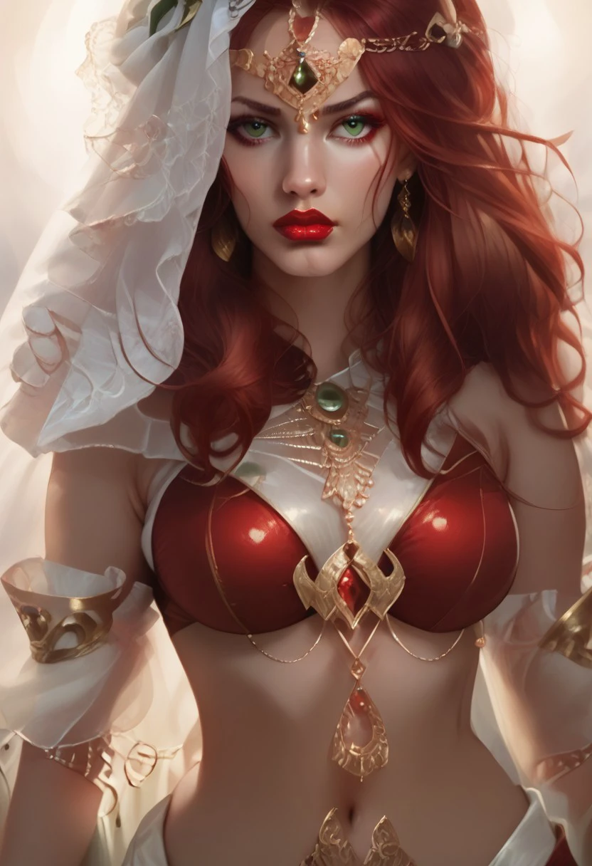 score_9, score_8_up, score_8_up,
sune,  sune \(baldurs gate\), sune \(goddess\),  1girl, solo, long hair, breasts, looking at viewer, navel, jewelry, medium breasts, green eyes, upper body, red hair, earrings, detached sleeves, midriff, artist name, lips, makeup, lipstick, veil, realistic, red lips