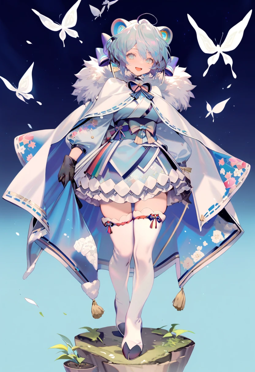 masterpiece, best quality, <lora:reiXL_ANI31_lokr_V4312:0.95> 1girl, solo, thigh boots, blue eyes, full body, boots, gloves, thighhighs, short hair, looking at viewer, smile, open mouth, bug, butterfly, blue hair, white footwear, blue background, bow, animal ears, cape, fur trim, black gloves, long sleeves, white thighhighs, holding, floral print, hair between eyes, :d, ribbon, flower, japanese clothes, hair bow, hair ornament, skirt, standing, white cape, simple background, blue bow
